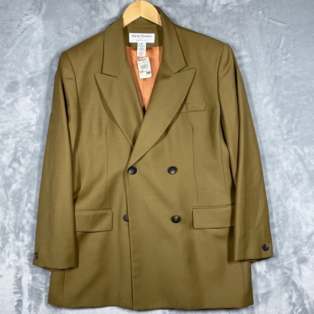 Vintage Rena Rowan for Saville Worsted Wool Double Breasted Blazer Brown 16 NEW